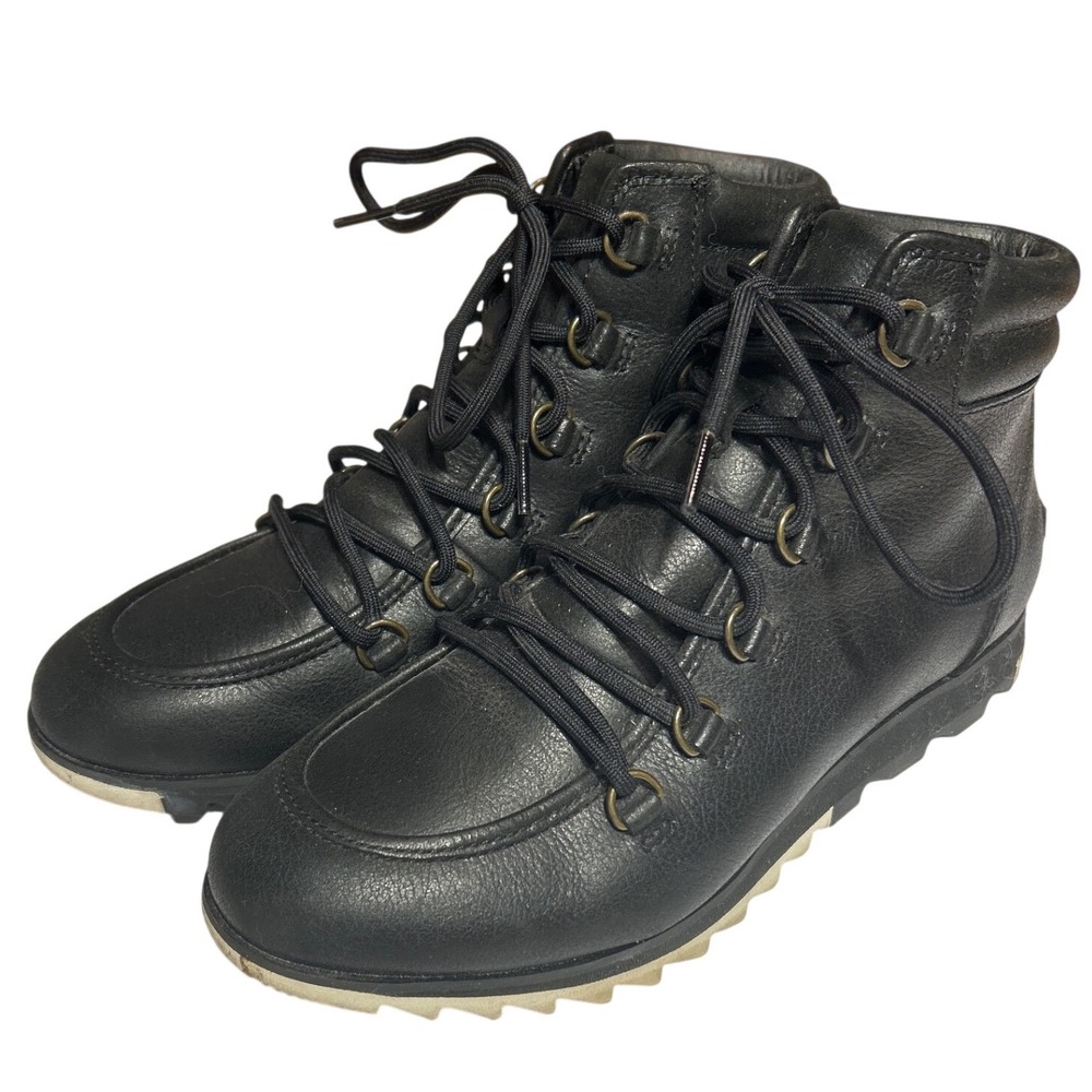 Sorel Harlow Black Leather Waterproof Lace Up Ankle Boots Women's Size 8.5 - Picture 2 of 11